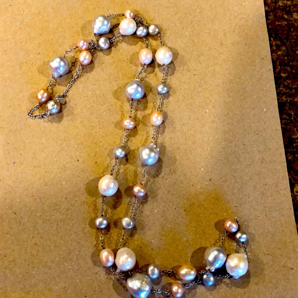 Multi color pearl 36” necklace. Gray, pink, and white.